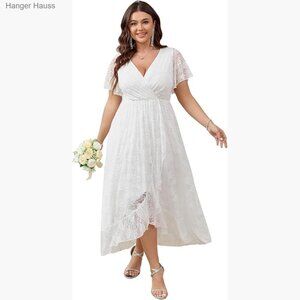 Plus Size Lace Wrap V-Neck High Low Maxi Dress Formal Wedding Guest